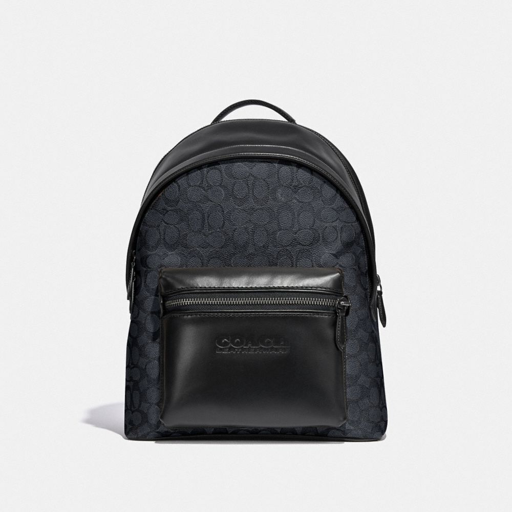 Coach Charter Leather Backpack Medium Signature Jacquard Charcoal Black C2670